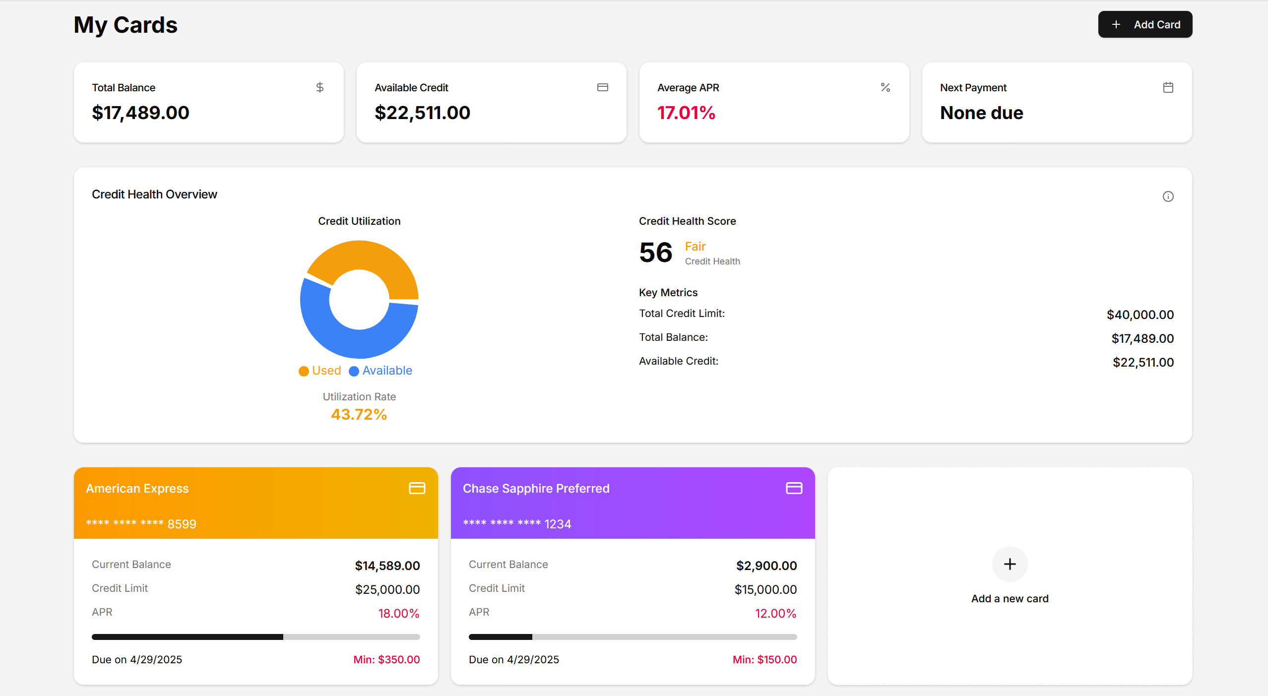 Credit Card Management Dashboard